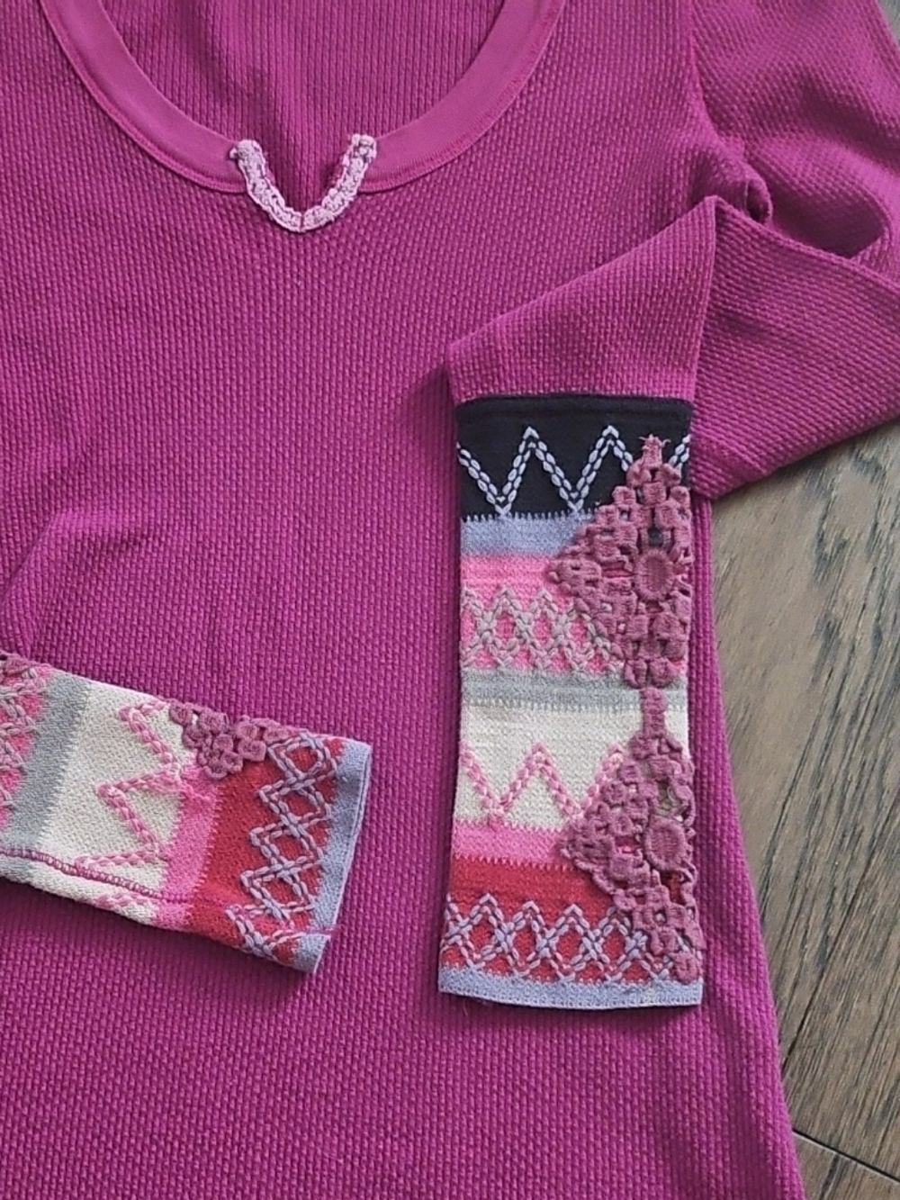 SOLD Free People Magenta Waffle Thermal with Embroidered Cuffs